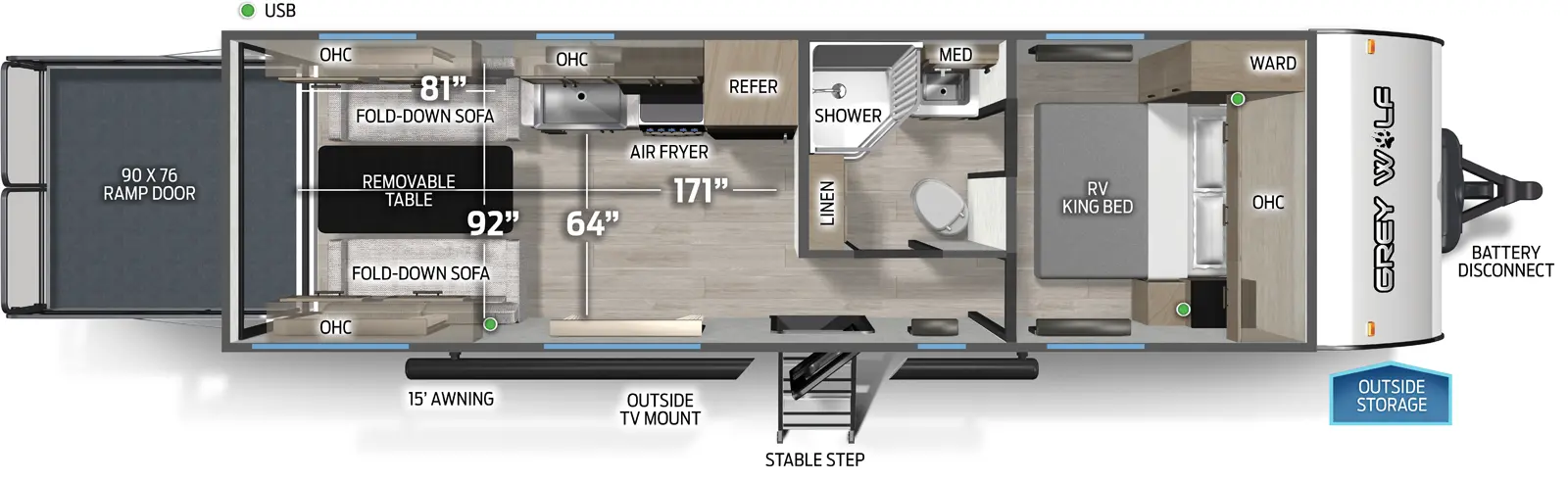 The Grey Wolf 25RRT floorplan is a toy hauler that has one entry and zero slide outs. Exterior features include: metal exterior and 15' awning. Interiors features include: front bedroom.